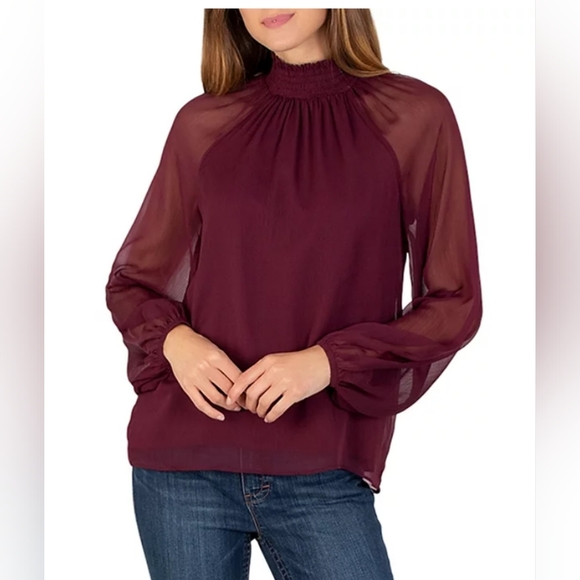 Joie Tops - JOIE Long Sleeve Smocked High Neck Sheer Layered Wine Blouse | SZ M